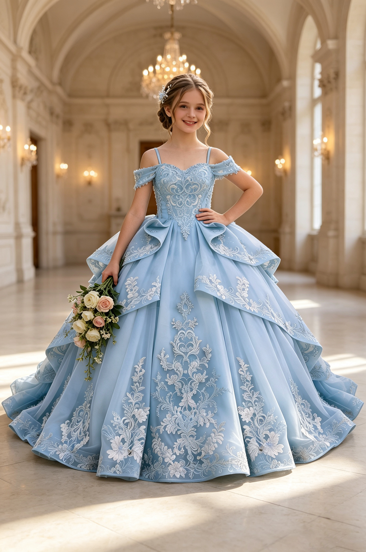 Sky Blue Off Shoulder Heavy Lace Tulle Floor-Length Princess Ball Formal Dress