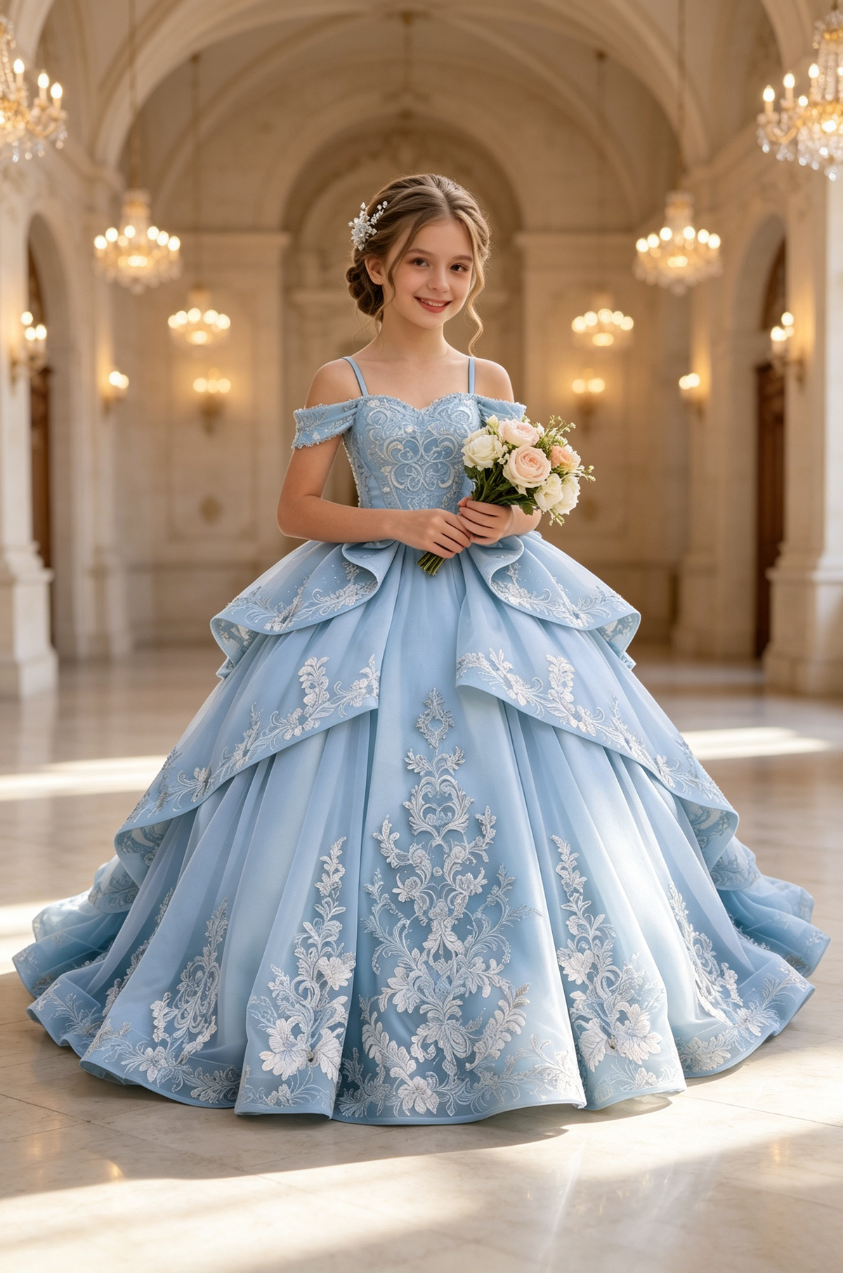 Sky Blue Off Shoulder Heavy Lace Tulle Floor-Length Princess Ball Formal Dress