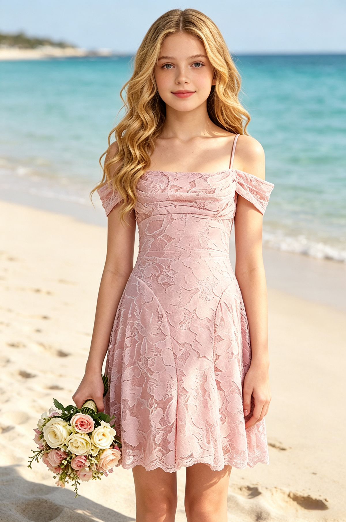 Pink Off Shoulder Full Lace Short A-Line Flower Girl Dress