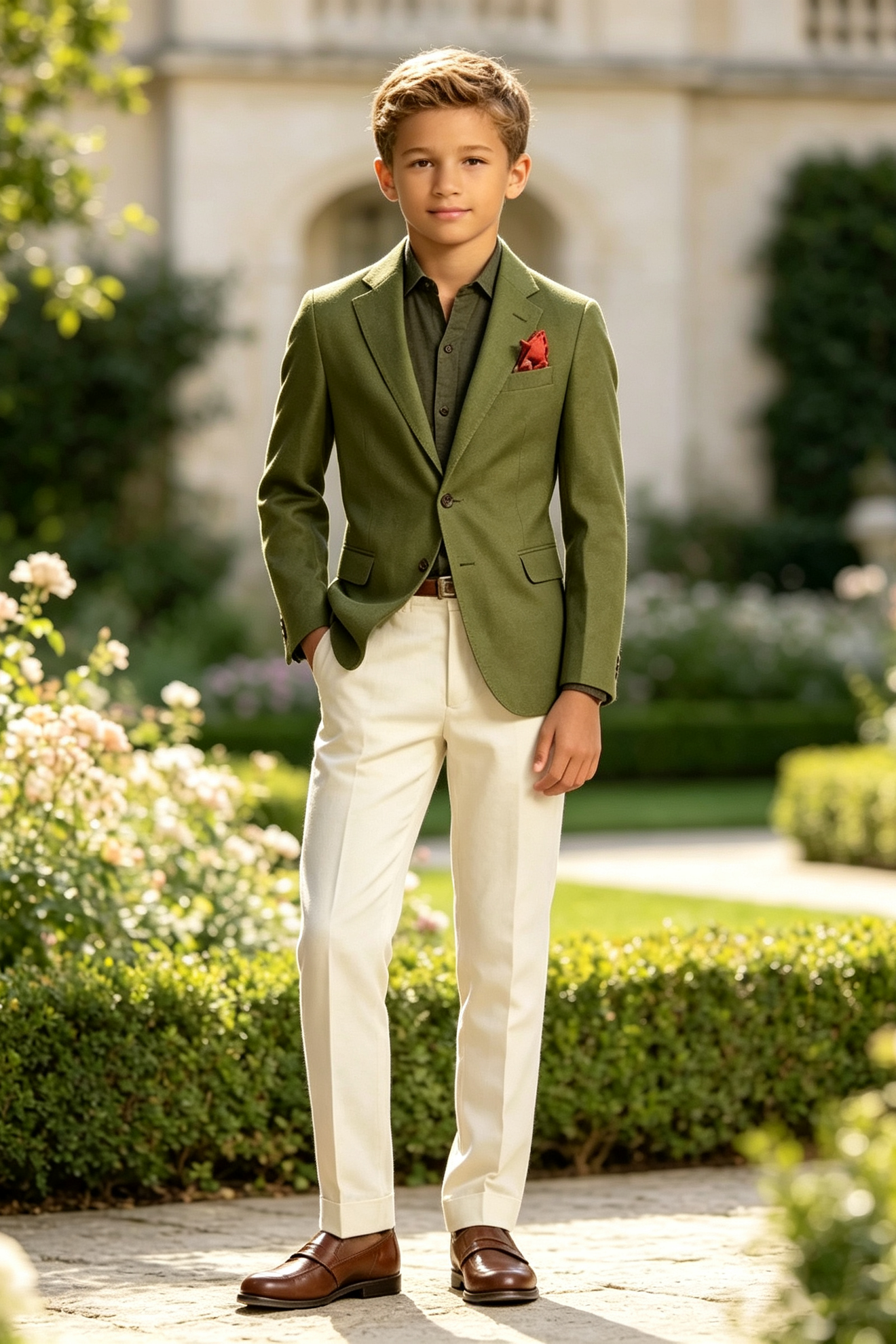 Olive Green & White Cotton Linen-Blend Single Breasted 2-Piece Suit
