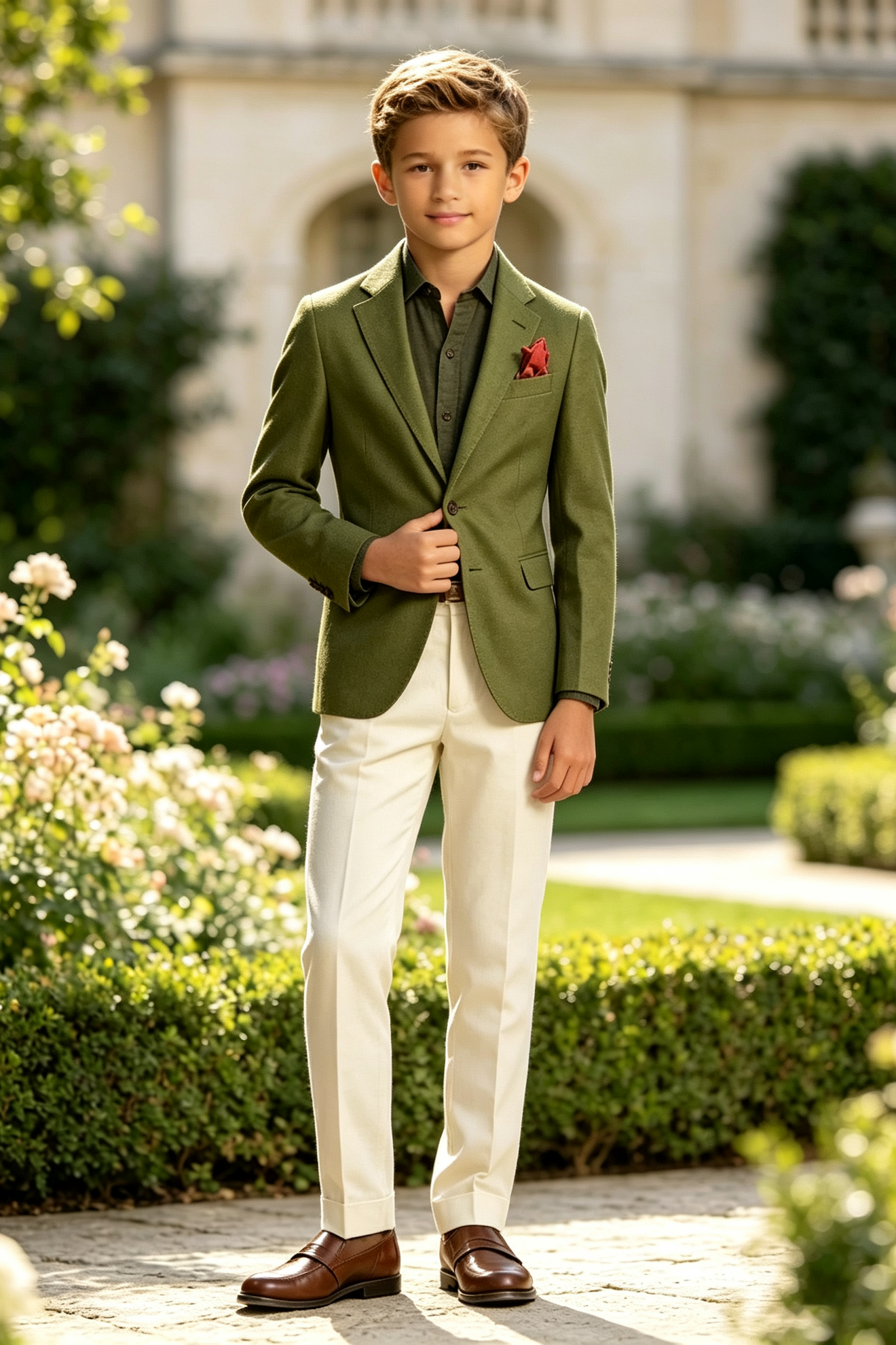 Olive Green & White Cotton Linen-Blend Single Breasted 2-Piece Suit