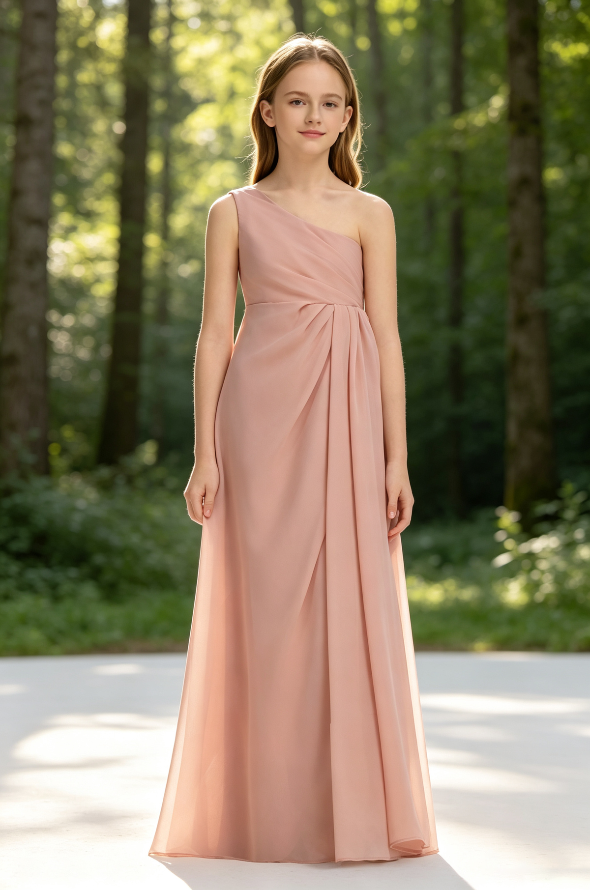 Pink One Shoulder Draped Chiffon Floor-Length A-Line Flower Girl Dress
