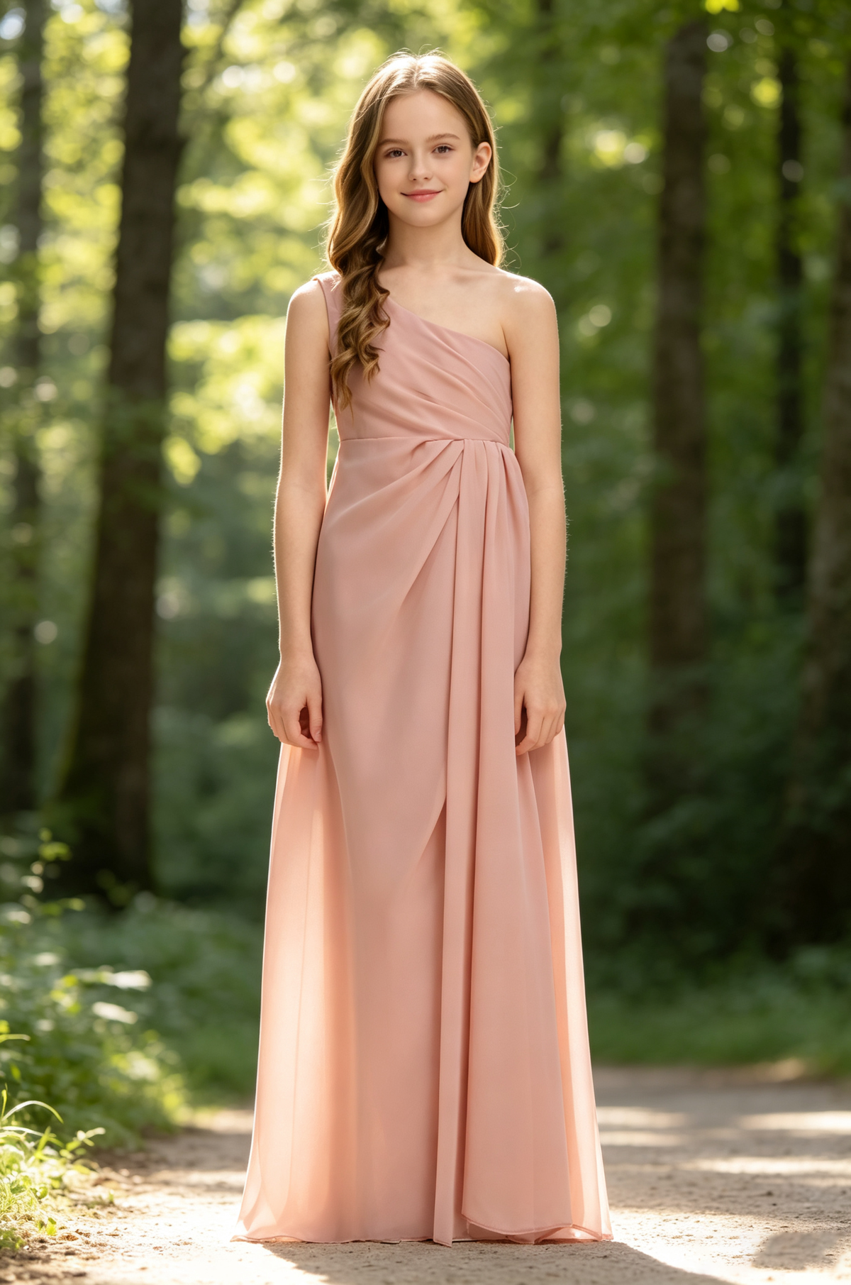 Pink One Shoulder Draped Chiffon Floor-Length A-Line Flower Girl Dress
