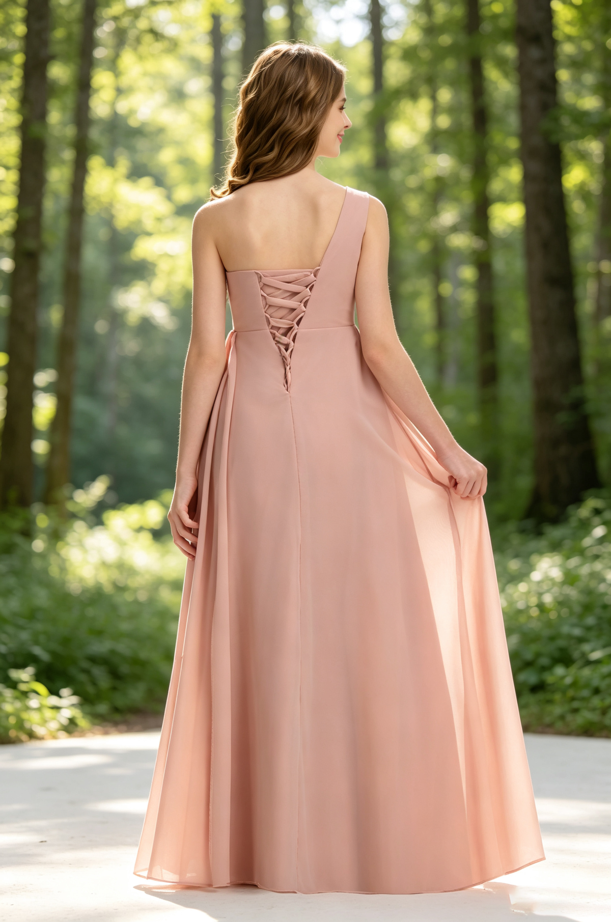 Pink One Shoulder Draped Chiffon Floor-Length A-Line Flower Girl Dress