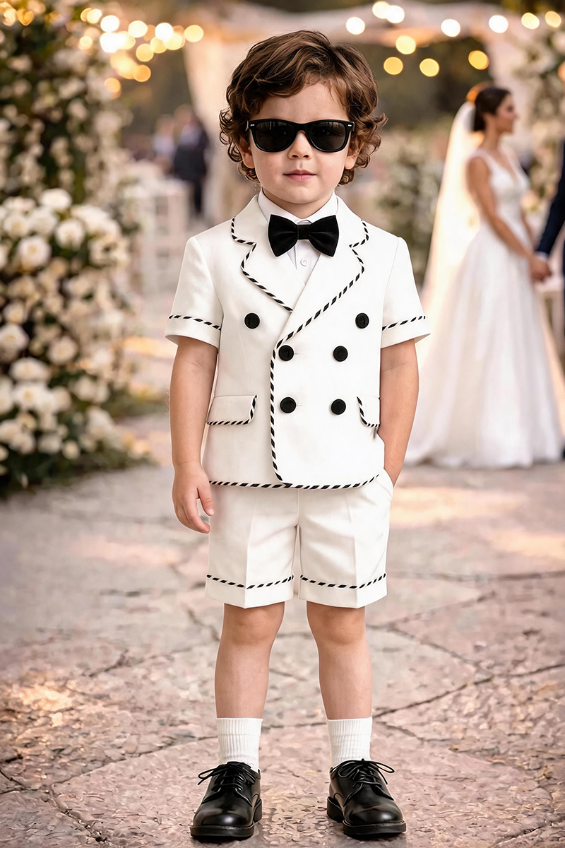 Boys White Short Sleeve Double Breasted Blazer & Stitched Trim Shorts 2-piece Suit