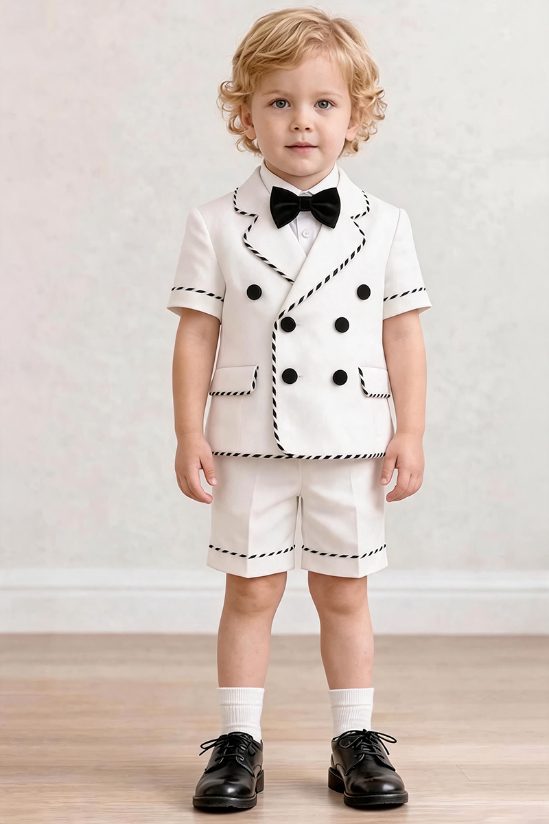 Boys White Short Sleeve Double Breasted Blazer & Stitched Trim Shorts 2-piece Suit