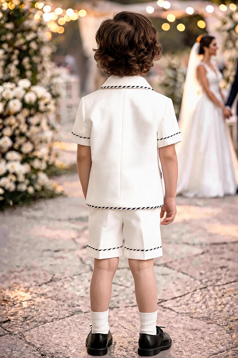 Boys White Short Sleeve Double Breasted Blazer & Stitched Trim Shorts 2-piece Suit