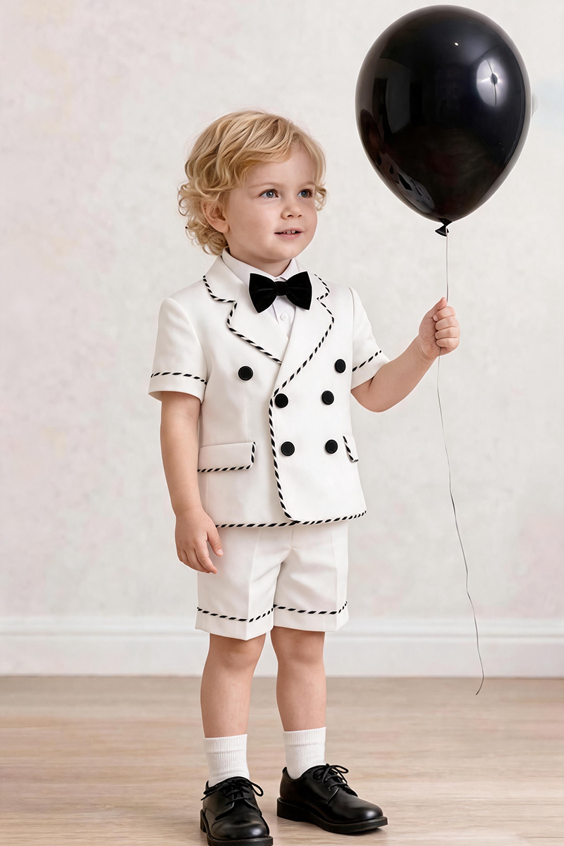 Boys White Short Sleeve Double Breasted Blazer & Stitched Trim Shorts 2-piece Suit