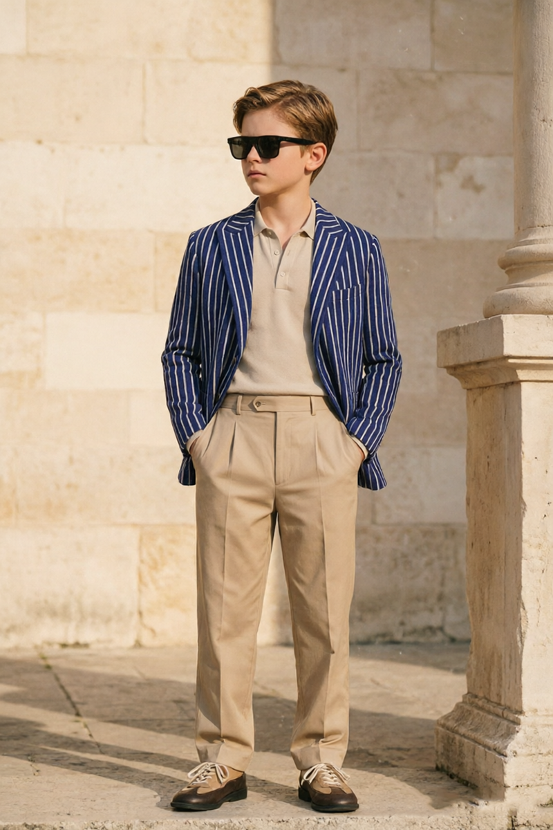 Boys Blue White Striped Notch Lapel Blazer & Khaki Trousers 2-Piece Suit