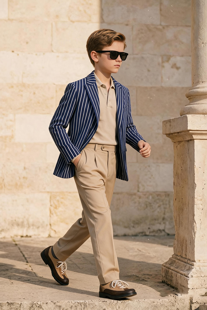 Boys Blue White Striped Notch Lapel Blazer & Khaki Trousers 2-Piece Suit