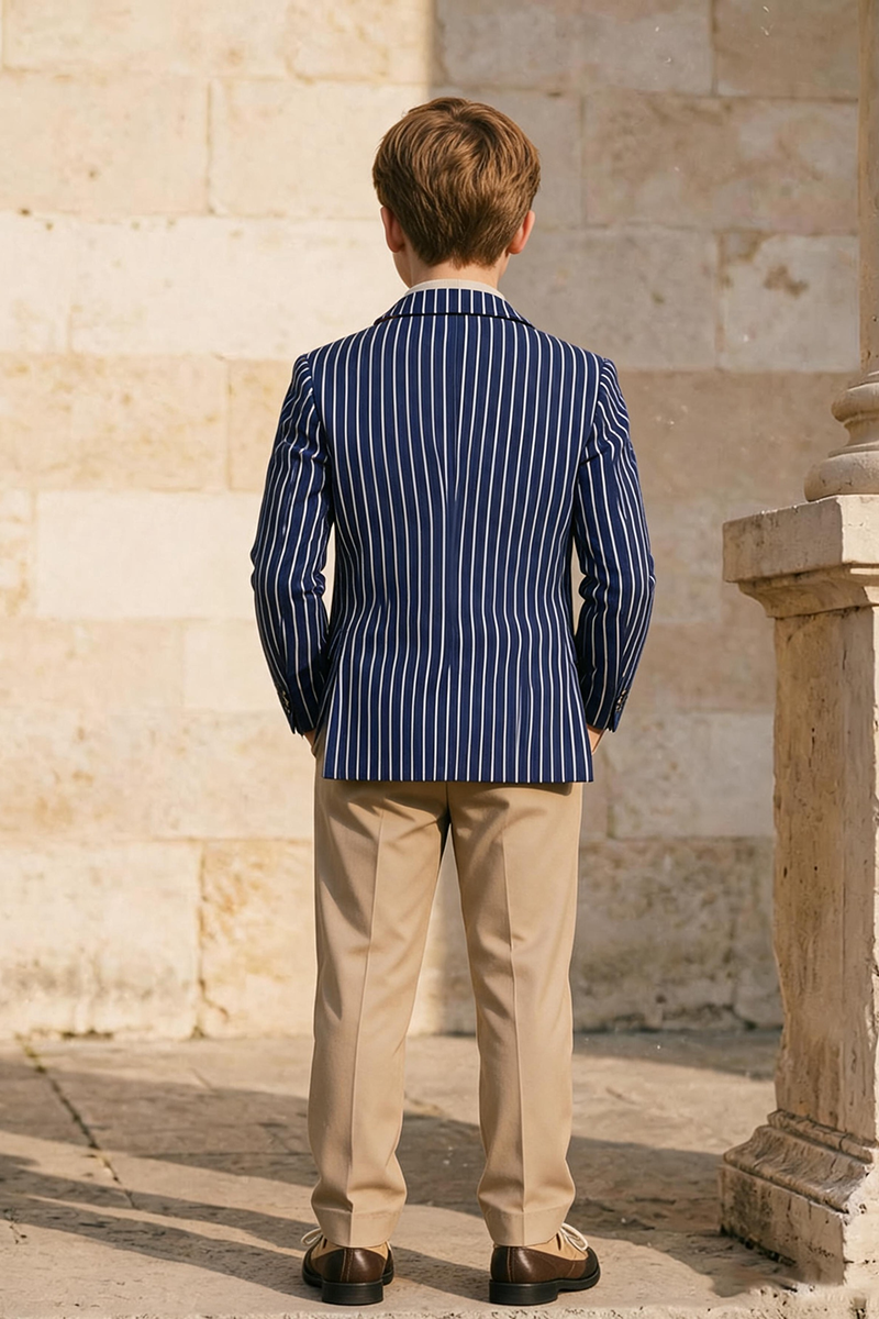 Boys Blue White Striped Notch Lapel Blazer & Khaki Trousers 2-Piece Suit