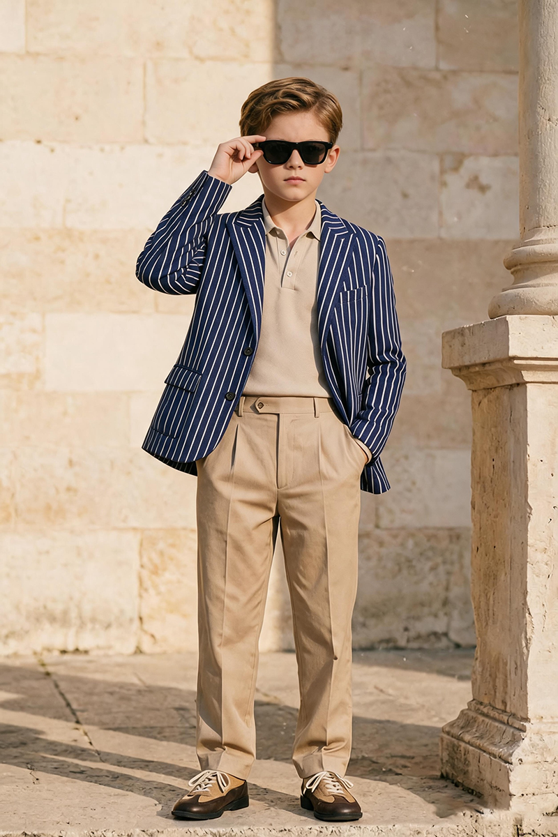 Boys Blue White Striped Notch Lapel Blazer & Khaki Trousers 2-Piece Suit