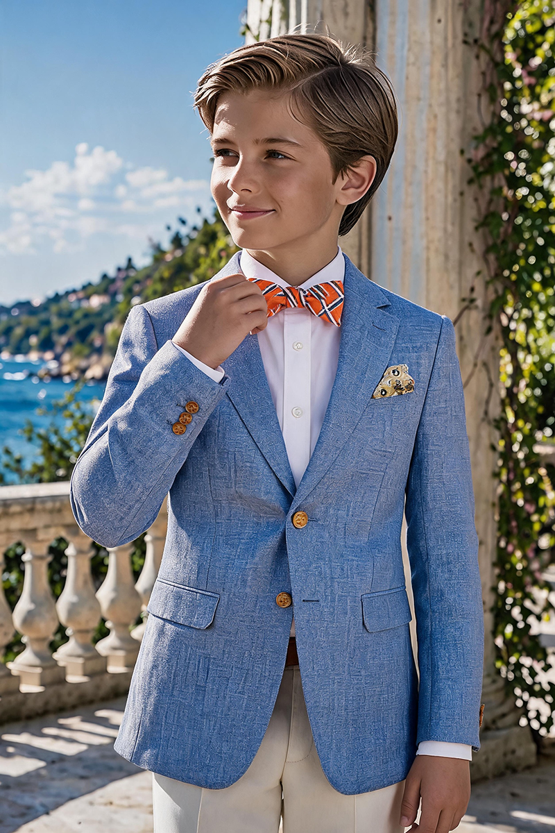 Boys Light Blue Linen Notch Lapel Blazer & Cream Trousers 2-Piece Suit