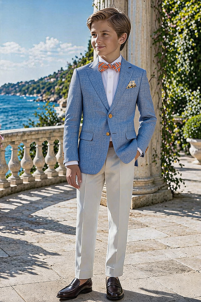 Boys Light Blue Linen Notch Lapel Blazer & Cream Trousers 2-Piece Suit