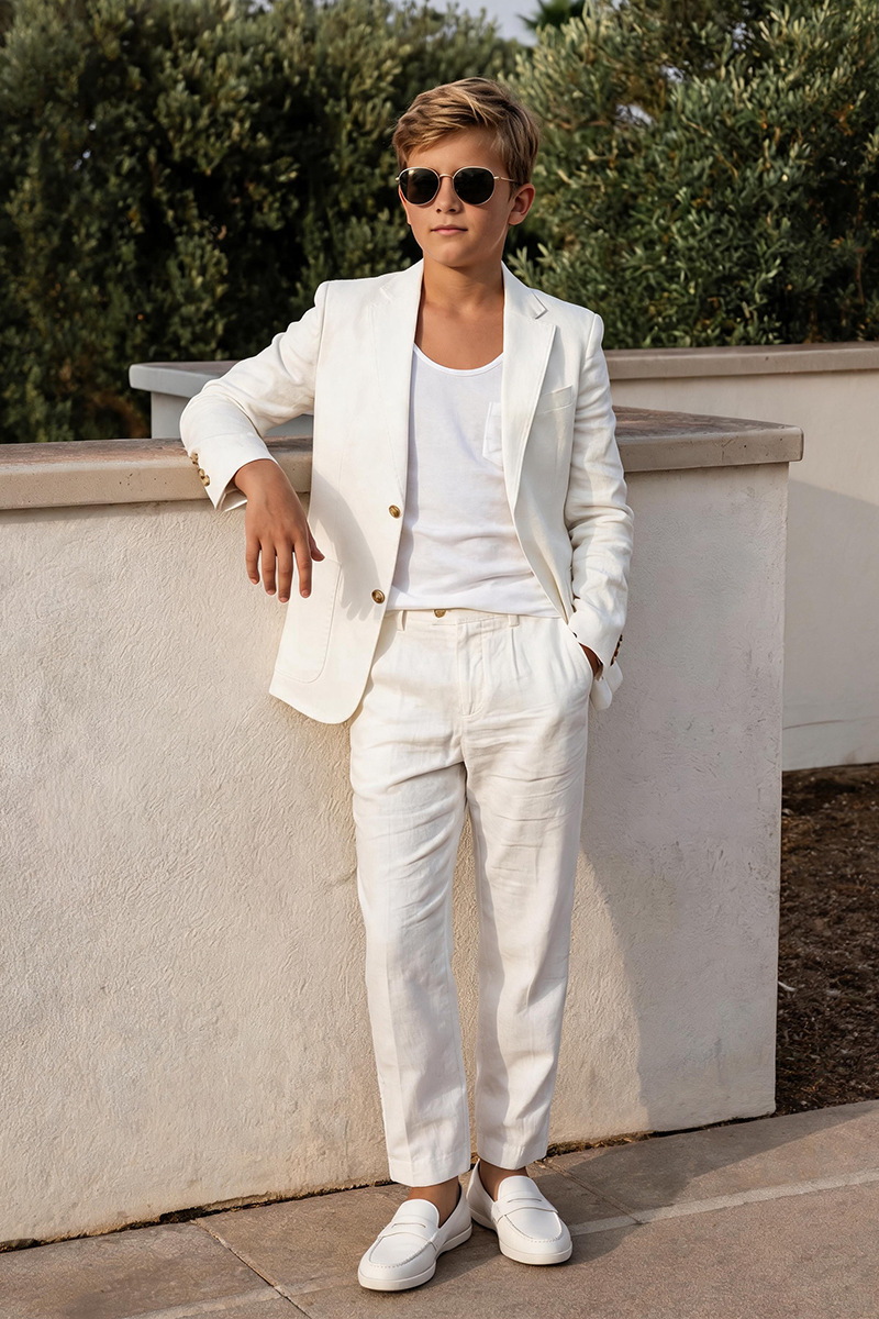 Boys Pure White Linen 2-Piece Suit for Summer Beach Wedding Formal Occasions