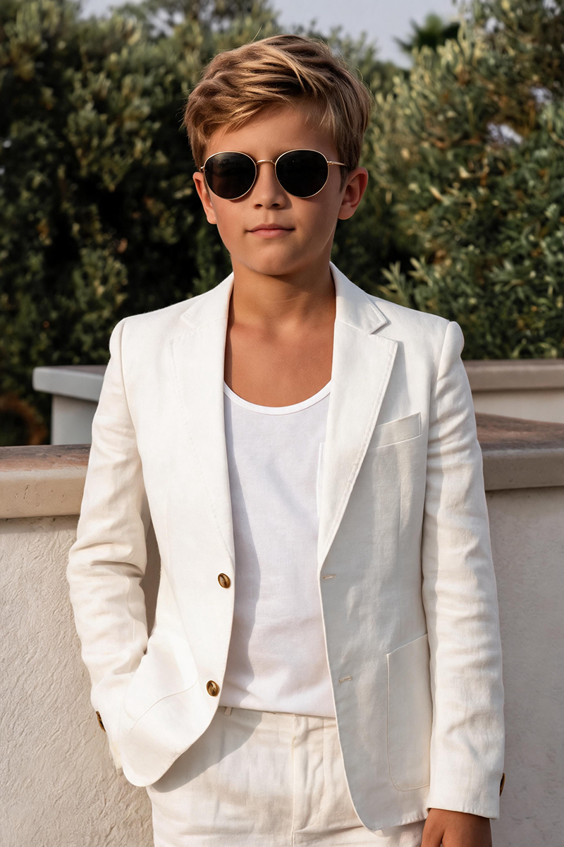 Boys Pure White Linen 2-Piece Suit for Summer Beach Wedding Formal Occasions