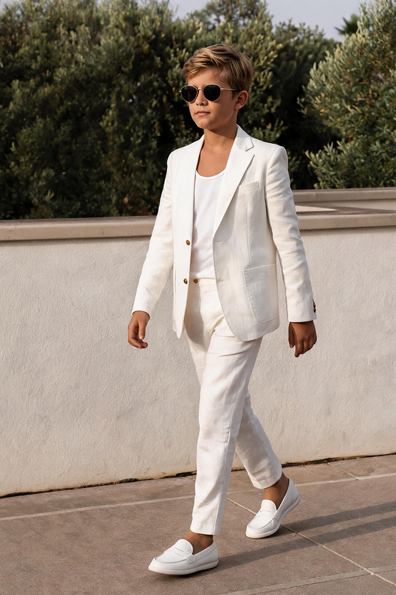 Boys Pure White Linen 2-Piece Suit for Summer Beach Wedding Formal Occasions