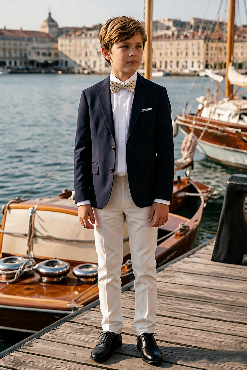 Boys Navy Notch Lapel Blazer & Cream Trousers 2-Piece Suit for Weddings