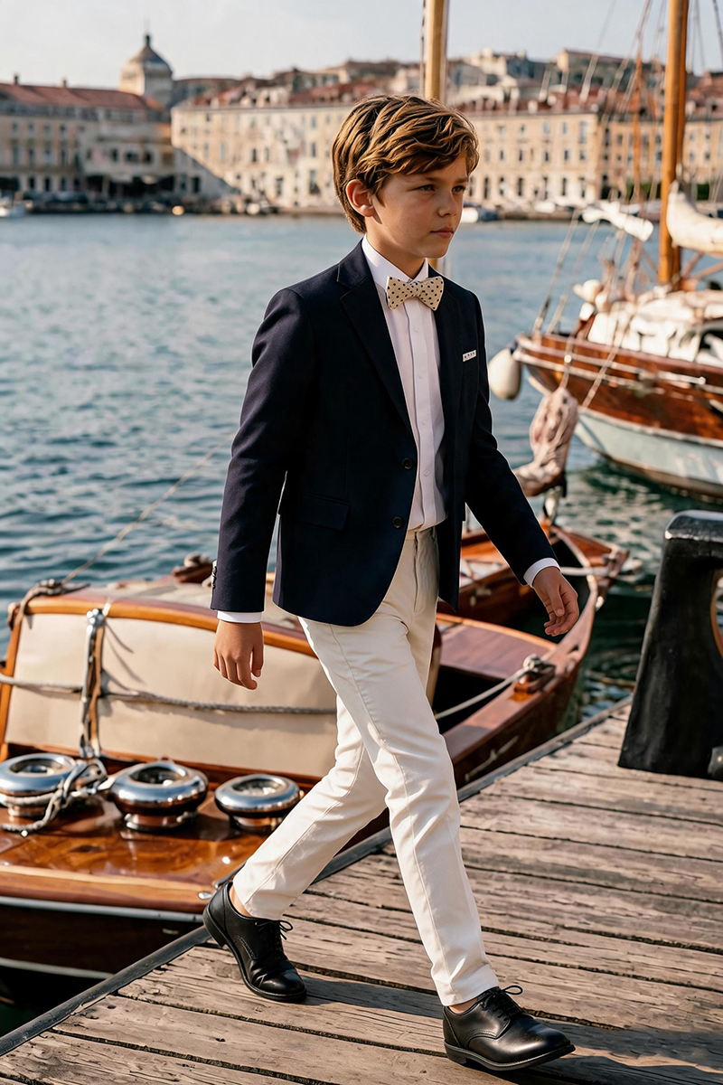 Boys Navy Notch Lapel Blazer & Cream Trousers 2-Piece Suit for Weddings