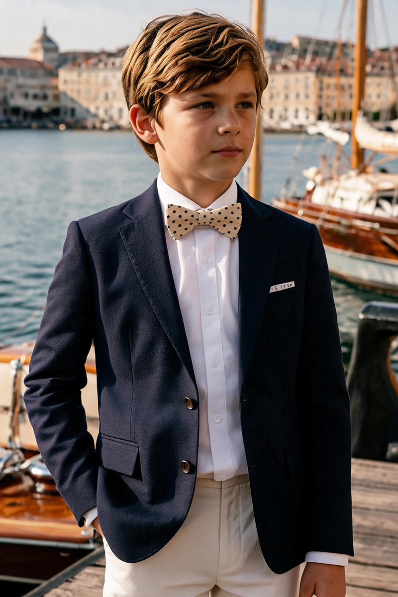 Boys Navy Notch Lapel Blazer & Cream Trousers 2-Piece Suit for Weddings