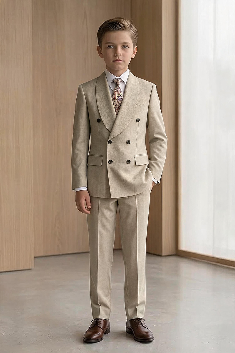 Boys Beige Double Breasted Peak Lapel 2-Piece Suit for Weddings & Formal Events