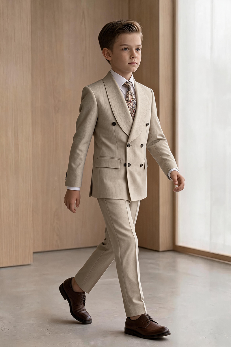 Boys Beige Double Breasted Peak Lapel 2-Piece Suit for Weddings & Formal Events