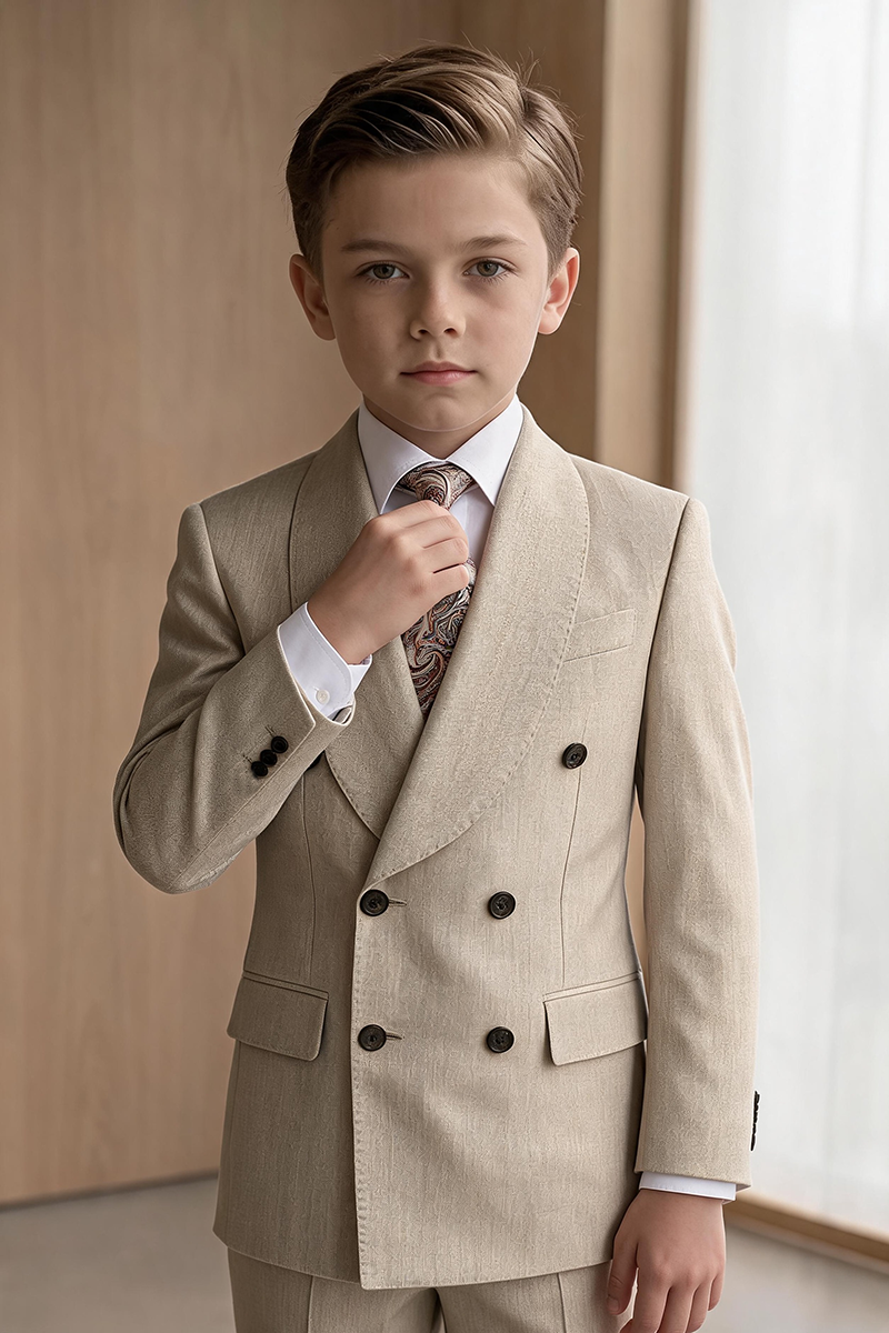 Boys Beige Double Breasted Peak Lapel 2-Piece Suit for Weddings & Formal Events