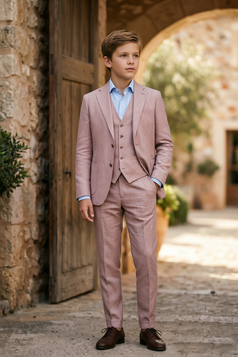 Boys Dusty Pink Linen Notch Lapel 3-Piece Suit for Wedding