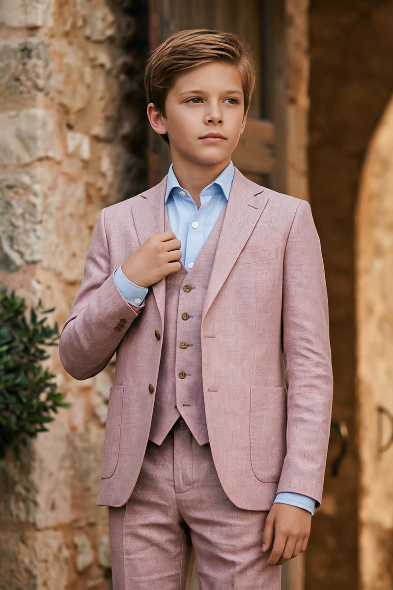 Boys Dusty Pink Linen Notch Lapel 3-Piece Suit for Wedding