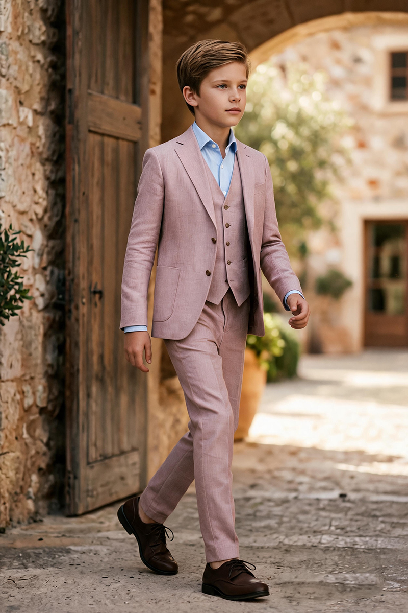 Boys Dusty Pink Linen Notch Lapel 3-Piece Suit for Wedding