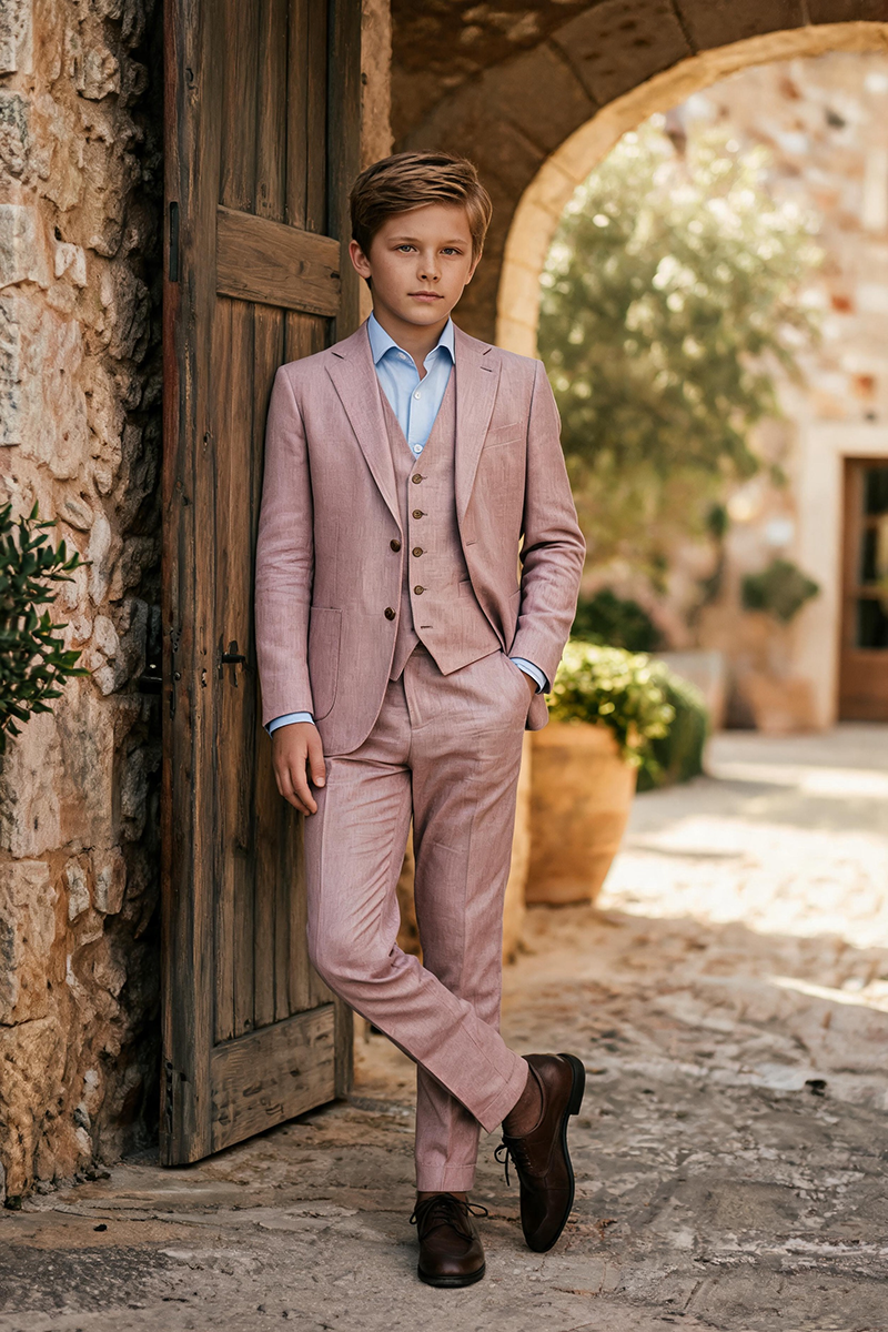 Boys Dusty Pink Linen Notch Lapel 3-Piece Suit for Wedding