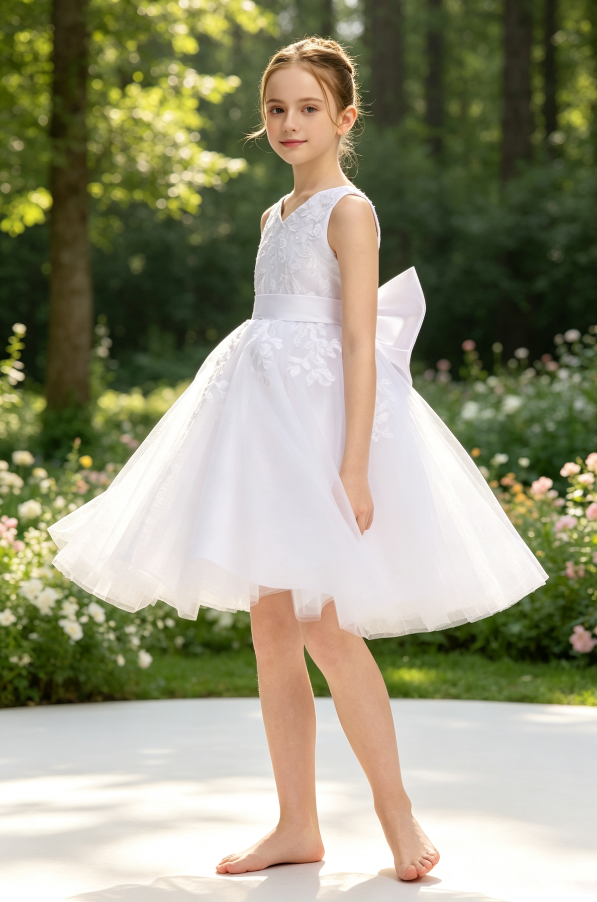 White Leaf Lace Satin Bow Tulle A-Line Communion Flower Girl Dress