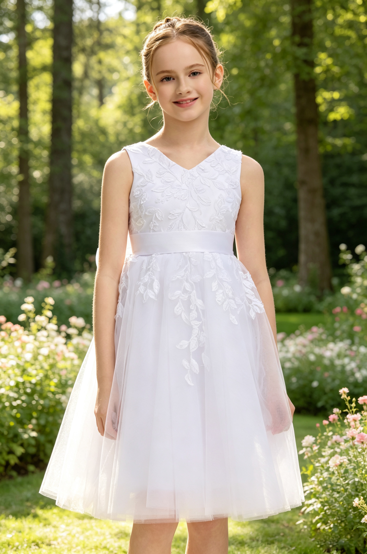 White Leaf Lace Satin Bow Tulle A-Line Communion Flower Girl Dress