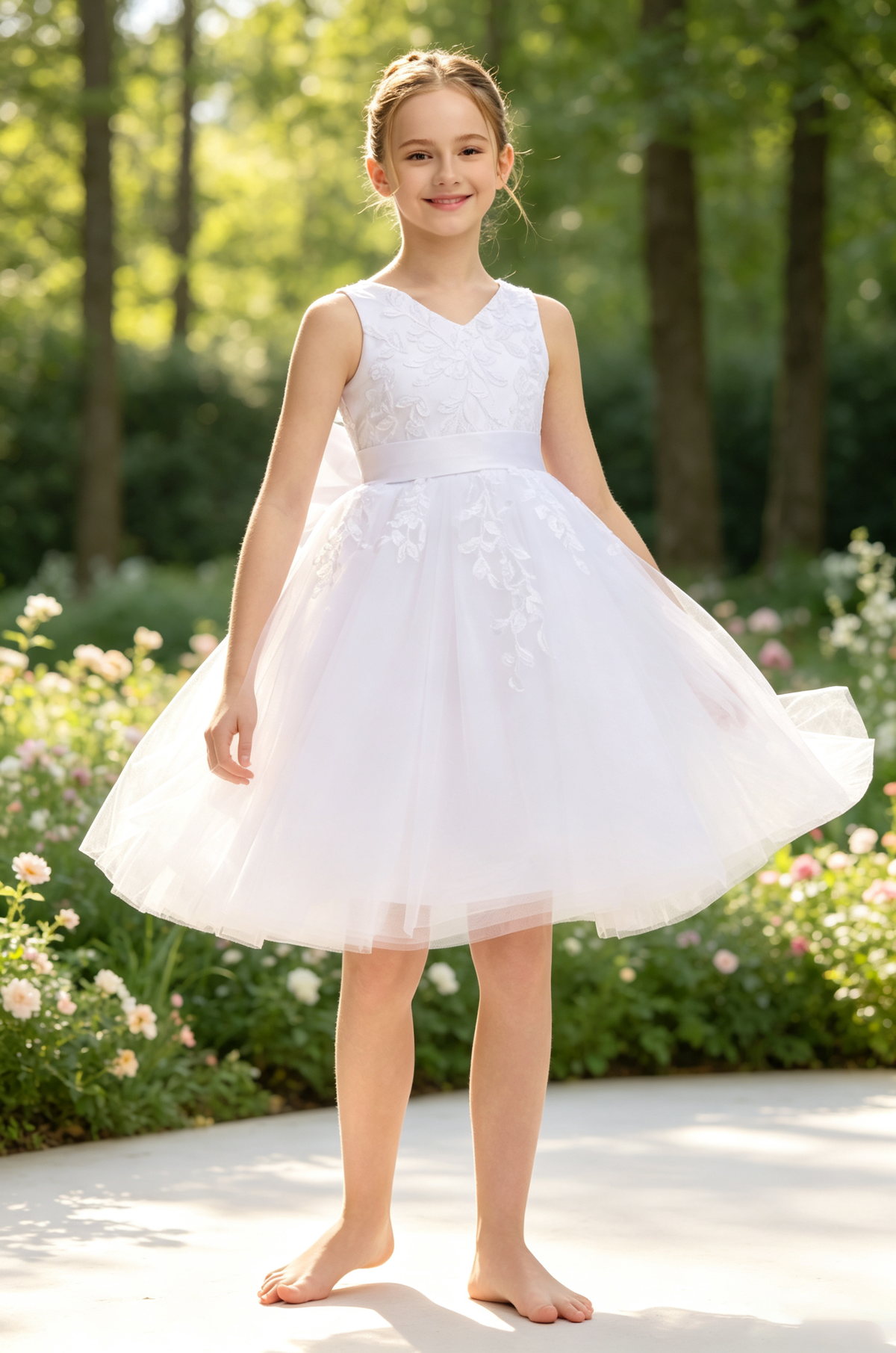 White Leaf Lace Satin Bow Tulle A-Line Communion Flower Girl Dress