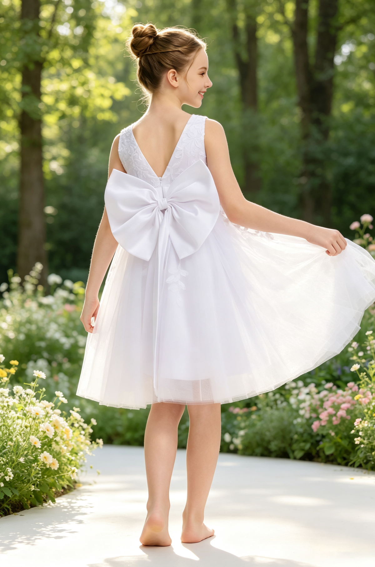 White Leaf Lace Satin Bow Tulle A-Line Communion Flower Girl Dress
