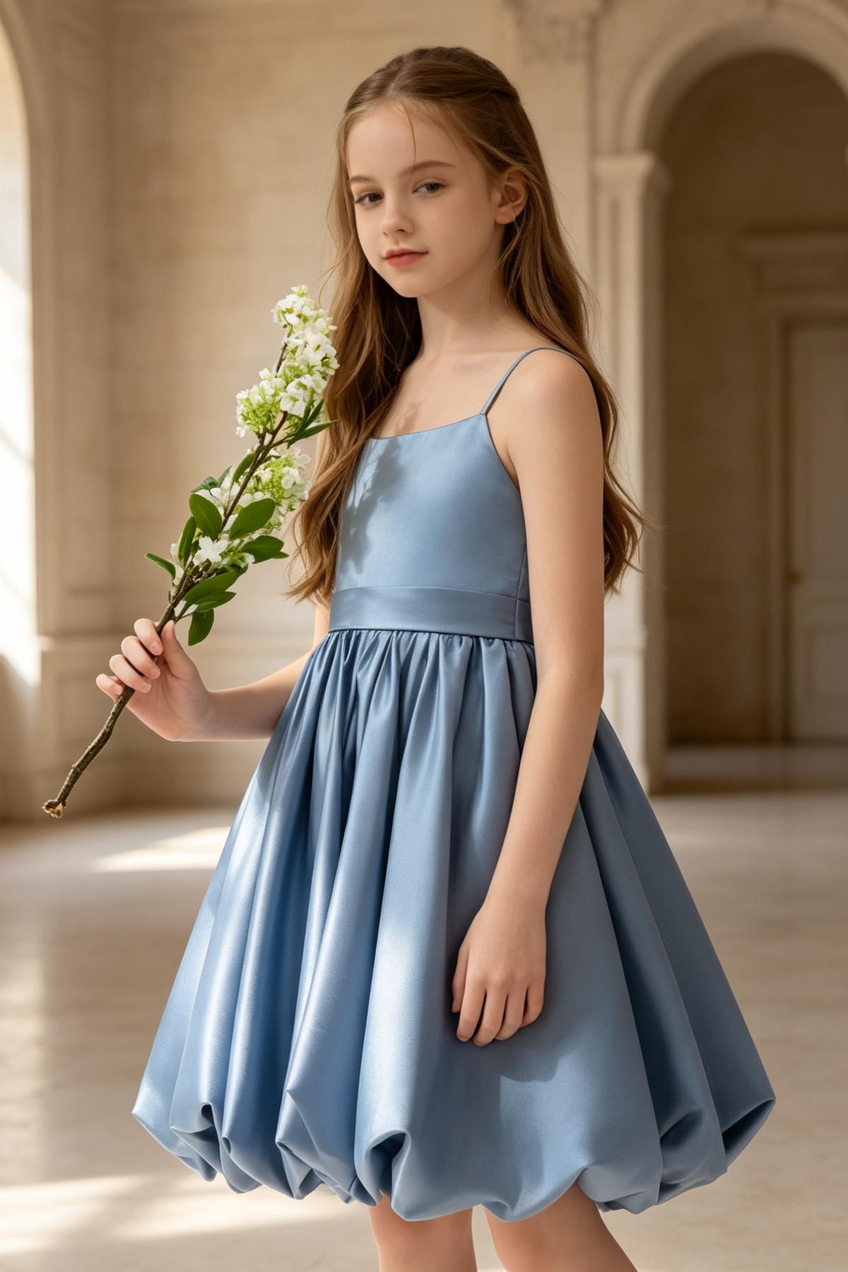 Slate Blue Satin Spaghetti Strap Big Bow Bubble A-Line Flower Girl Dress