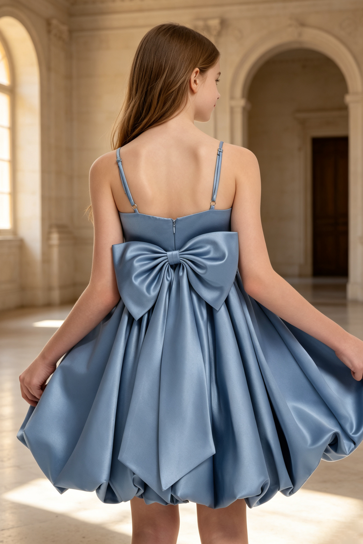 Slate Blue Satin Spaghetti Strap Big Bow Bubble A-Line Flower Girl Dress