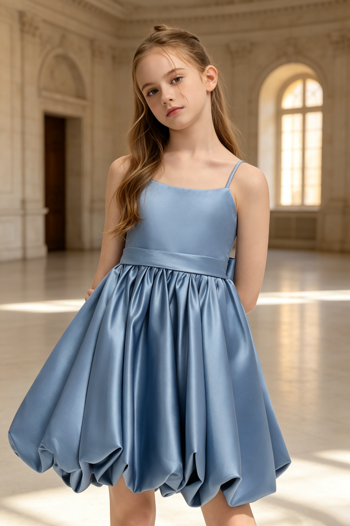 Slate Blue Satin Spaghetti Strap Big Bow Bubble A-Line Flower Girl Dress