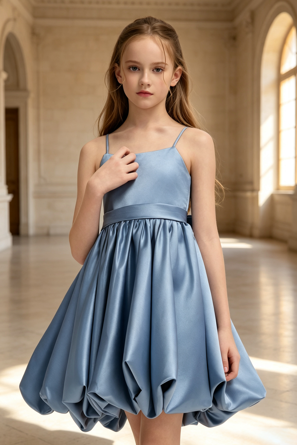 Slate Blue Satin Spaghetti Strap Big Bow Bubble A-Line Flower Girl Dress