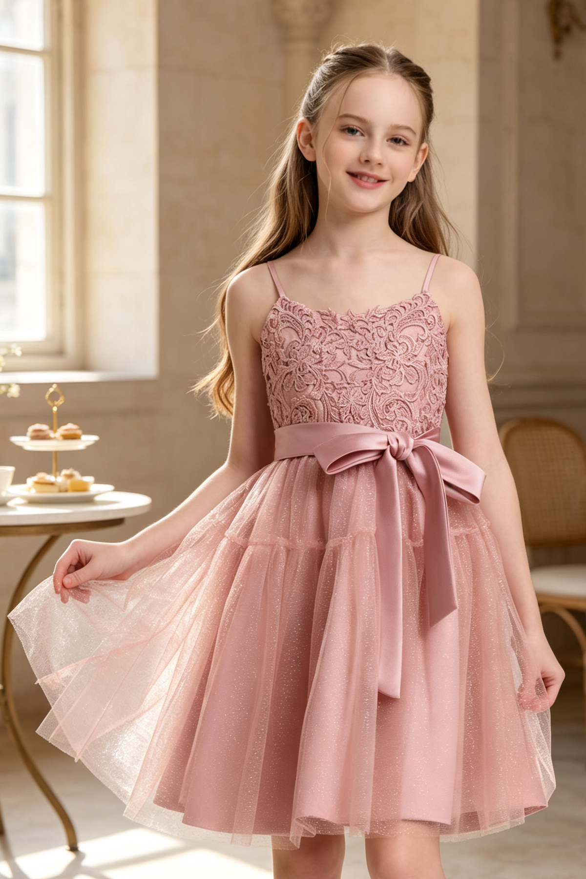 Dusty Rose Lace Glitter Tulle Spaghetti Strap Bow A-Line Flower Girl Dress