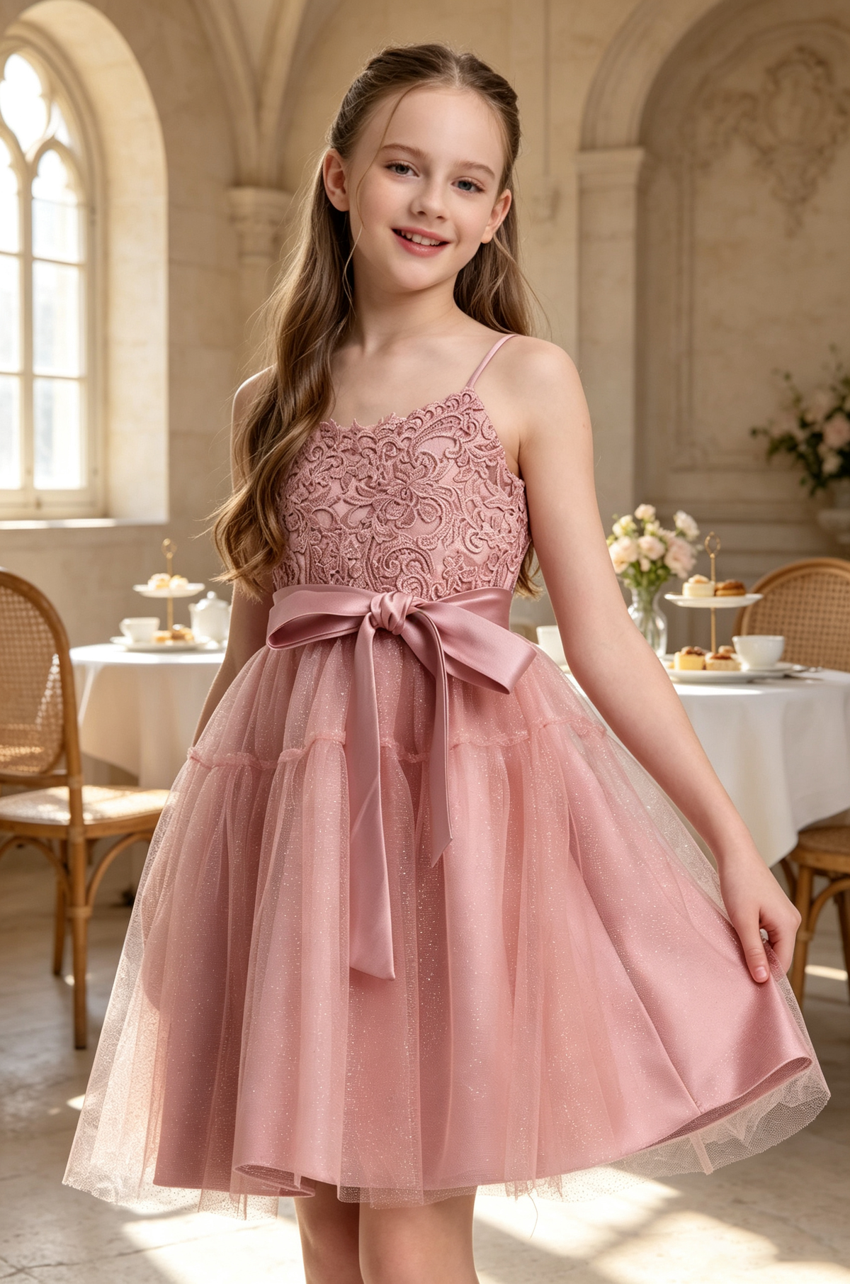 Dusty Rose Lace Glitter Tulle Spaghetti Strap Bow A-Line Flower Girl Dress