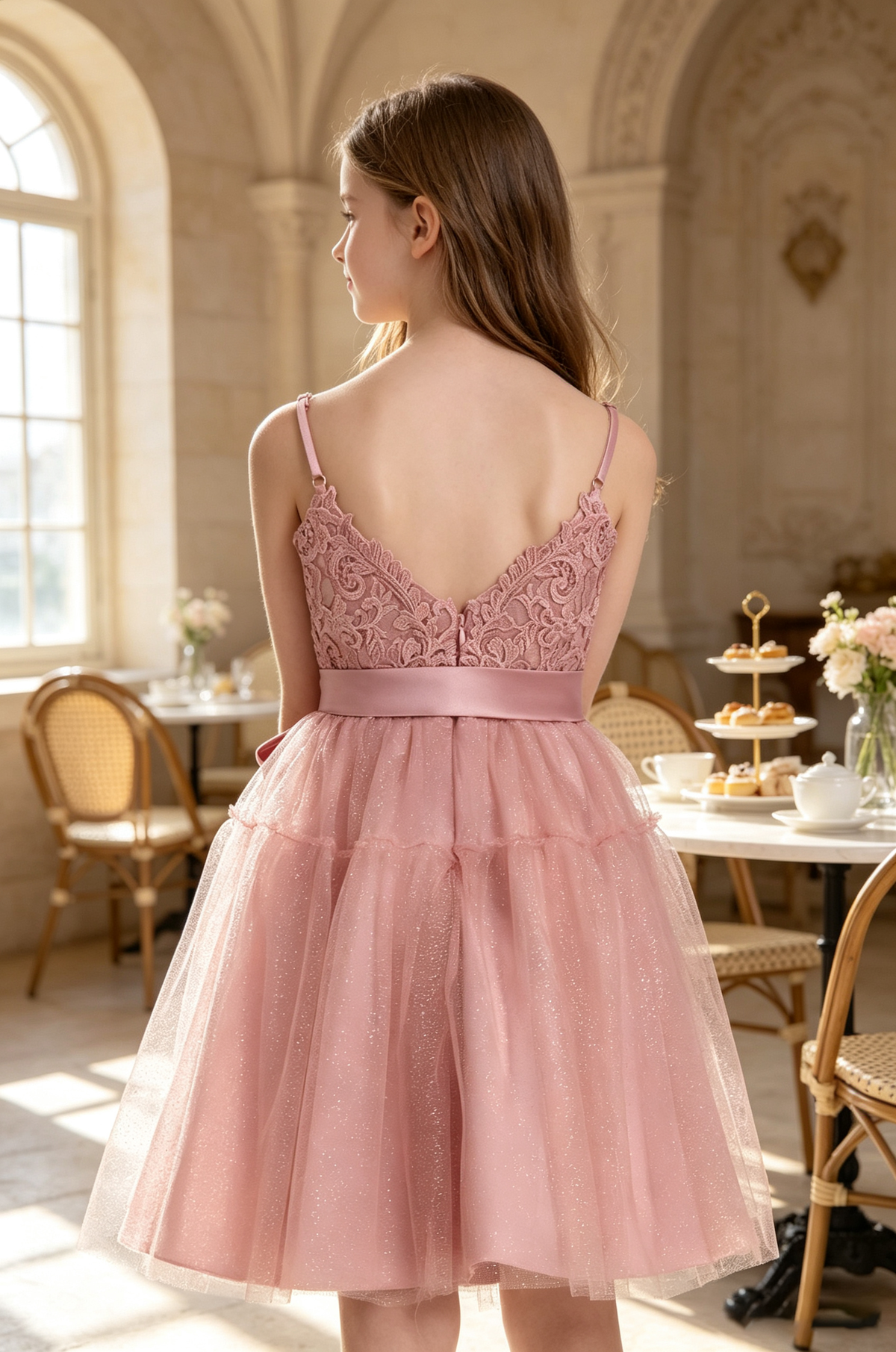 Dusty Rose Lace Glitter Tulle Spaghetti Strap Bow A-Line Flower Girl Dress