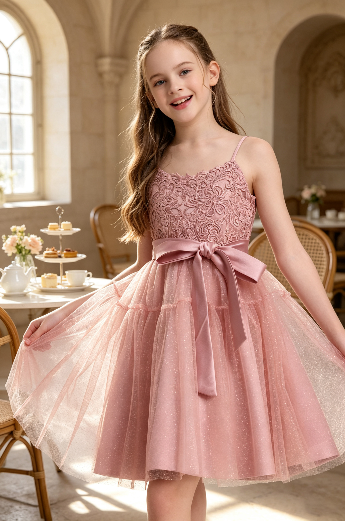 Dusty Rose Lace Glitter Tulle Spaghetti Strap Bow A-Line Flower Girl Dress