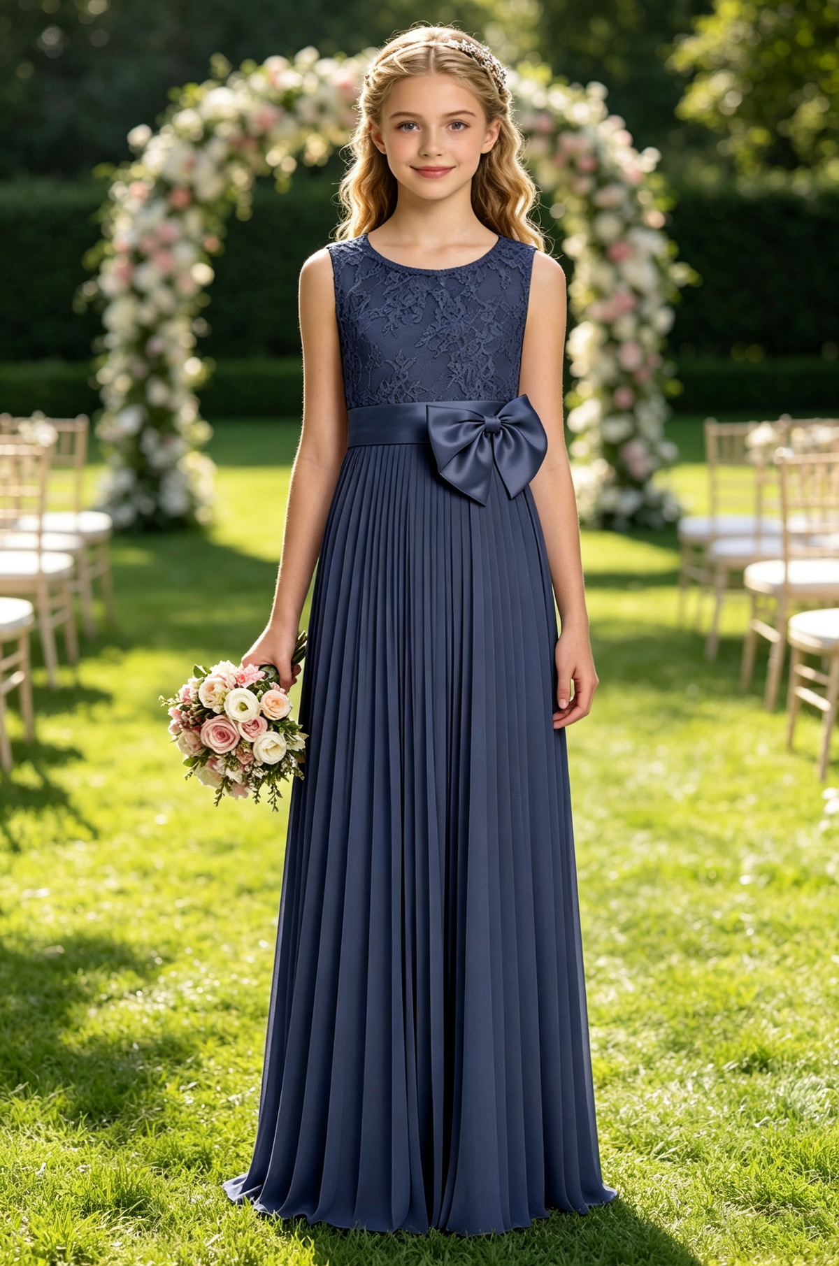 Dusty Pink Sleeveless Lace Pleated Chiffon Maxi A-Line Flower Girl Dress