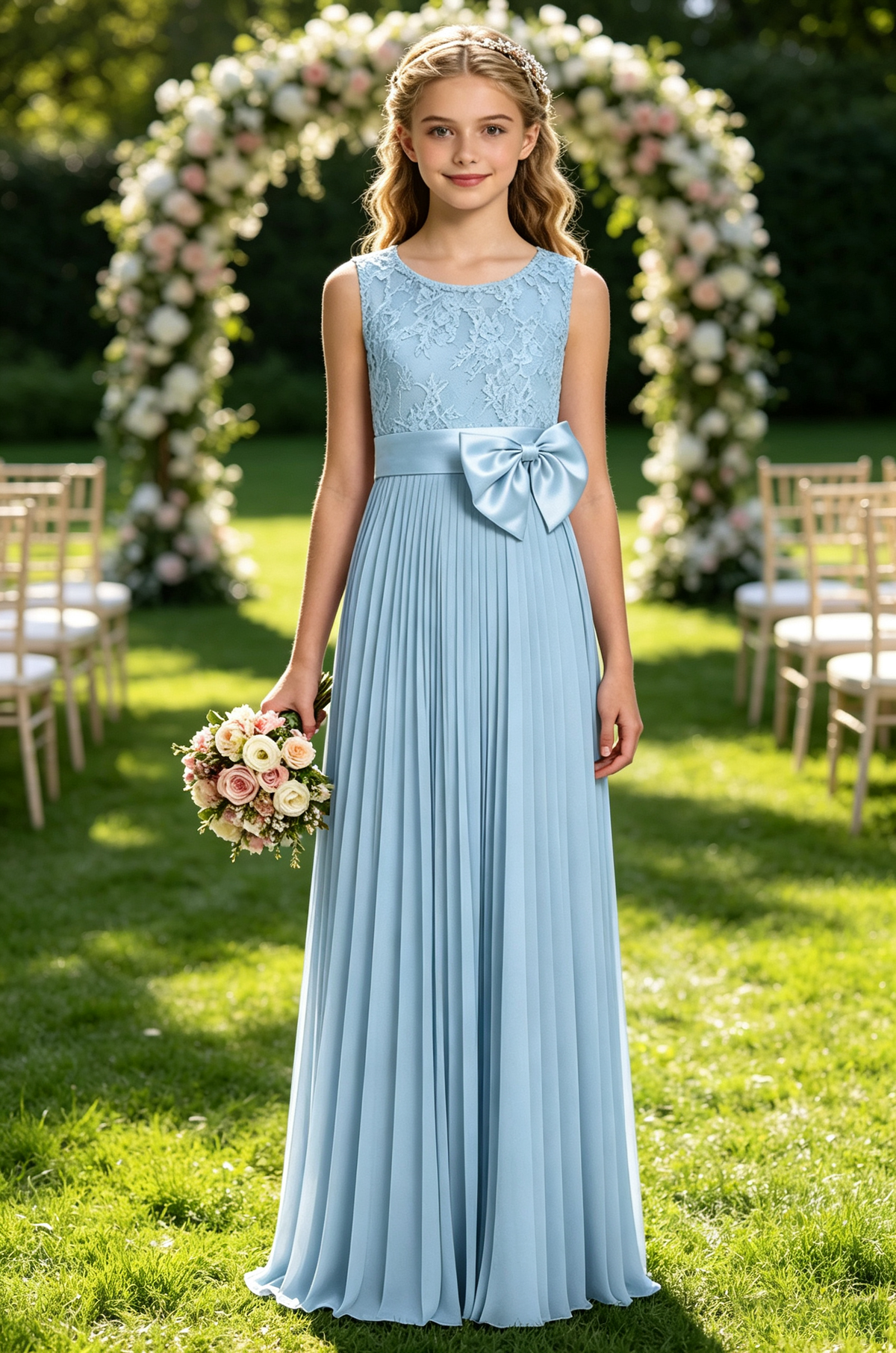 Dusty Pink Sleeveless Lace Pleated Chiffon Maxi A-Line Flower Girl Dress
