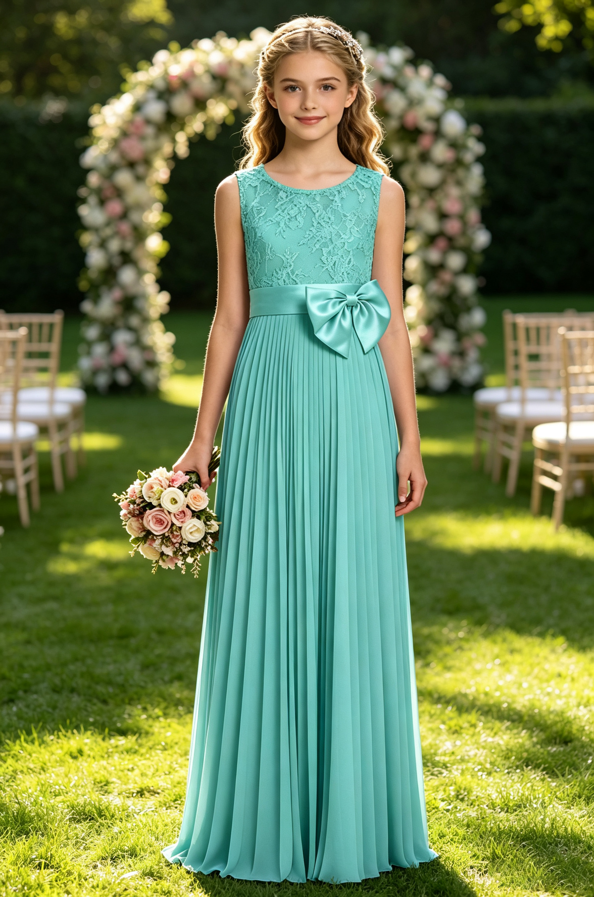 Dusty Pink Sleeveless Lace Pleated Chiffon Maxi A-Line Flower Girl Dress