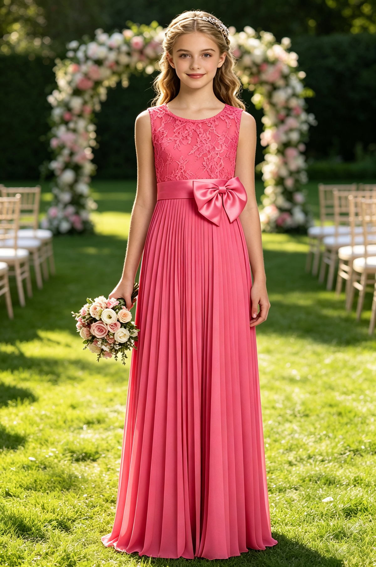 Dusty Pink Sleeveless Lace Pleated Chiffon Maxi A-Line Flower Girl Dress