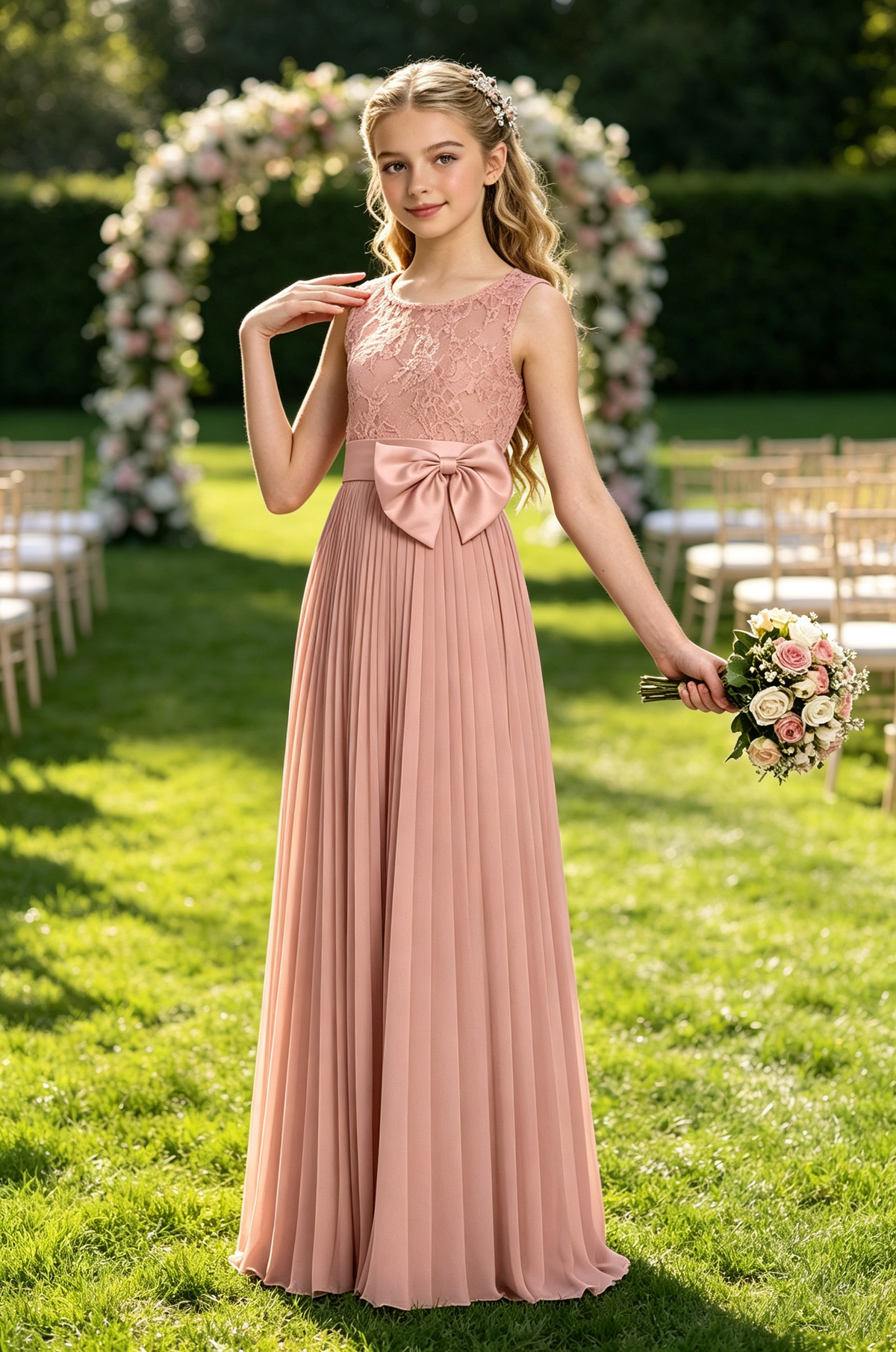 Dusty Pink Sleeveless Lace Pleated Chiffon Maxi A-Line Flower Girl Dress