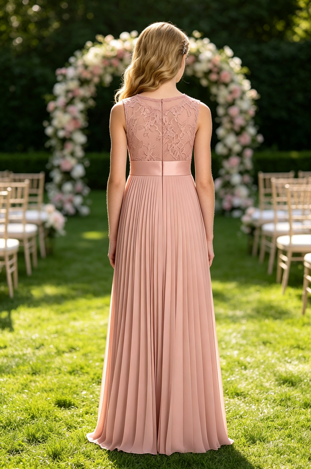 Dusty Pink Sleeveless Lace Pleated Chiffon Maxi A-Line Flower Girl Dress