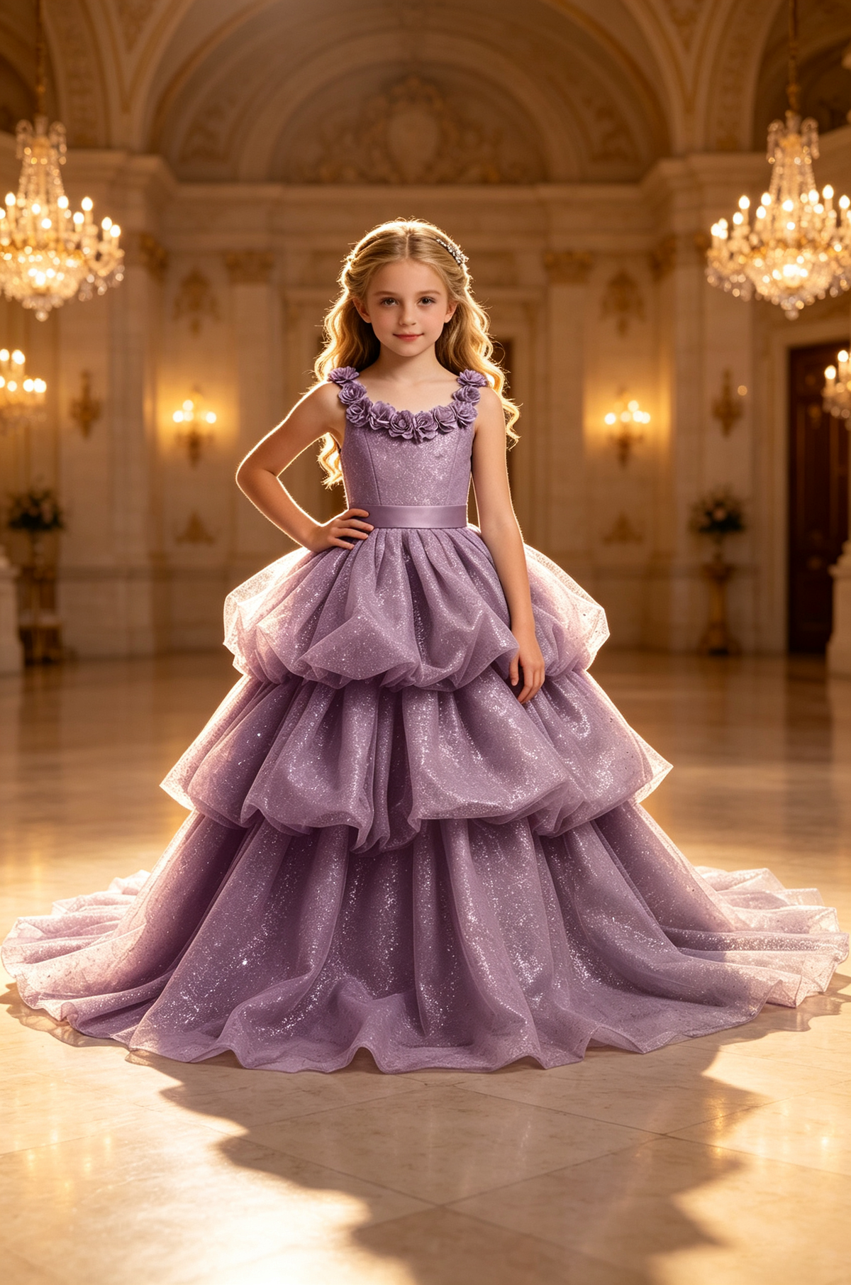 Lavender Glitter Tulle Tiered Cake Layer Princess Pageant Ball Dress